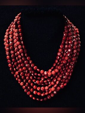 Natasha Couture Statement Bib Necklace Red Multi Strand Faceted Beaded 22"